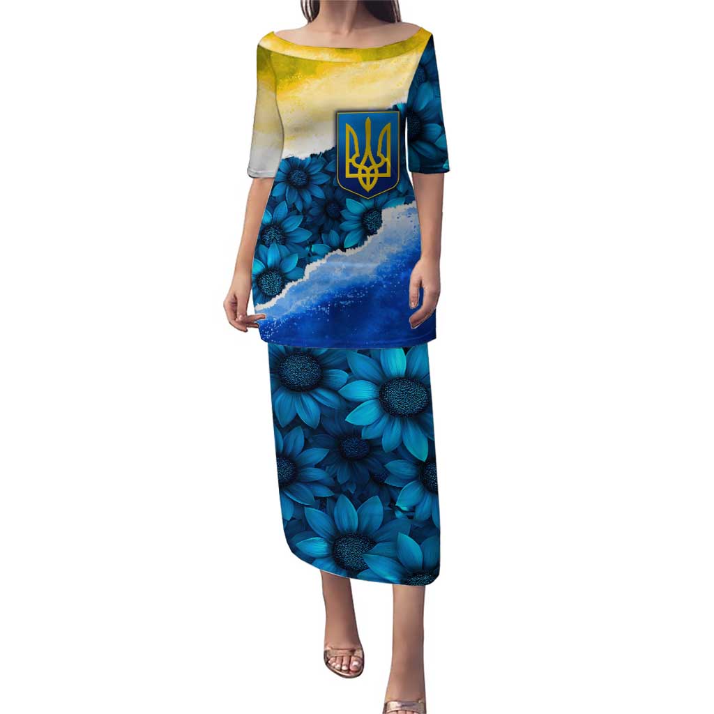 Trident Emblem Ukraine Puletasi with Blue Sunflowers and Flag Colors Design