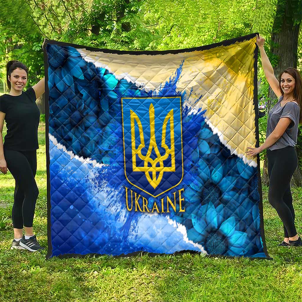 Trident Emblem Ukraine Quilt with Blue Sunflowers and Flag Colors Design