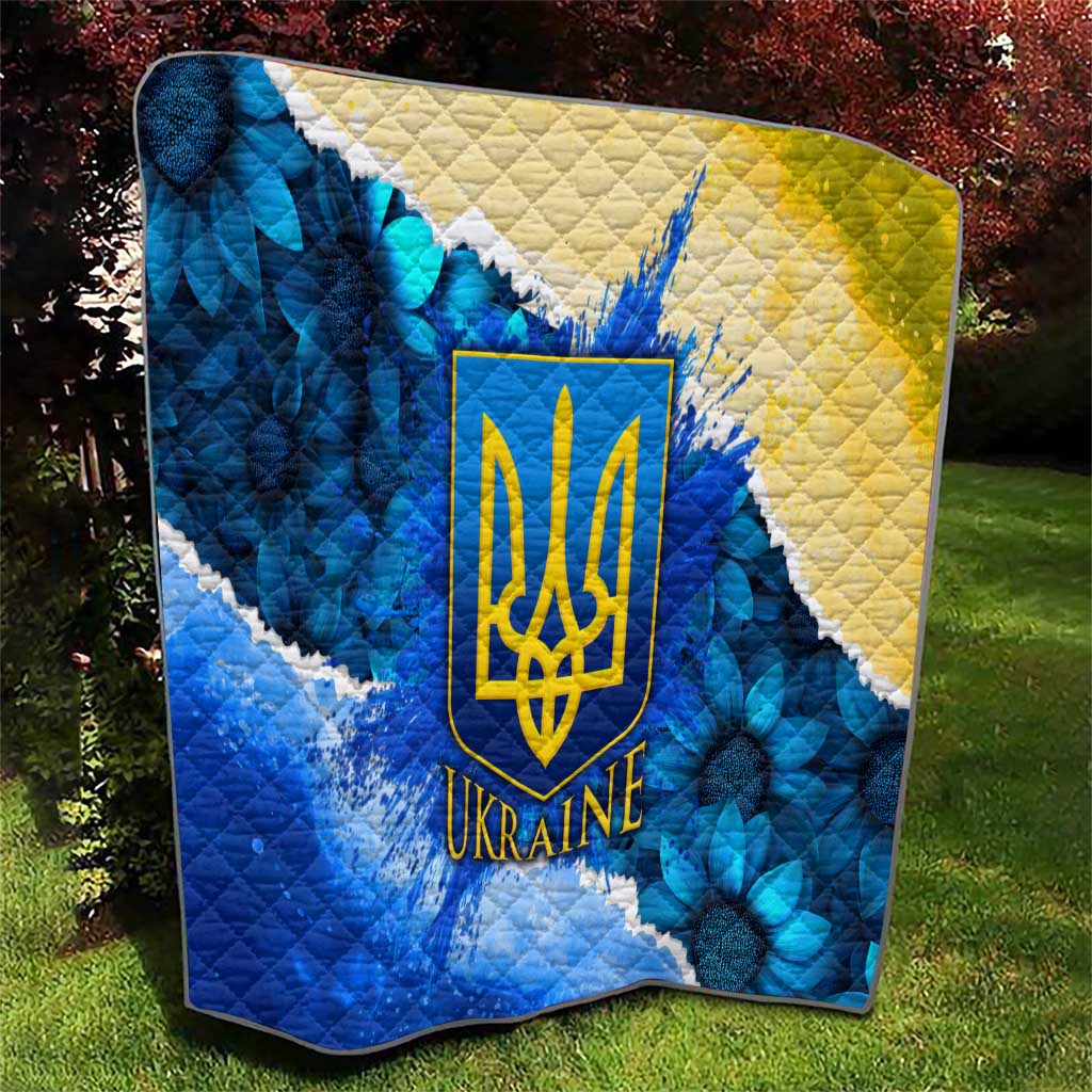 Trident Emblem Ukraine Quilt with Blue Sunflowers and Flag Colors Design