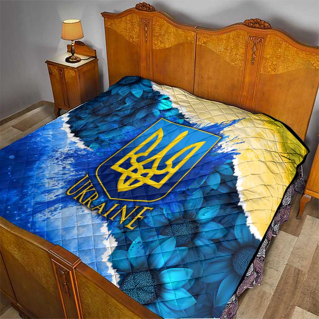 Trident Emblem Ukraine Quilt with Blue Sunflowers and Flag Colors Design