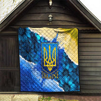 Trident Emblem Ukraine Quilt with Blue Sunflowers and Flag Colors Design