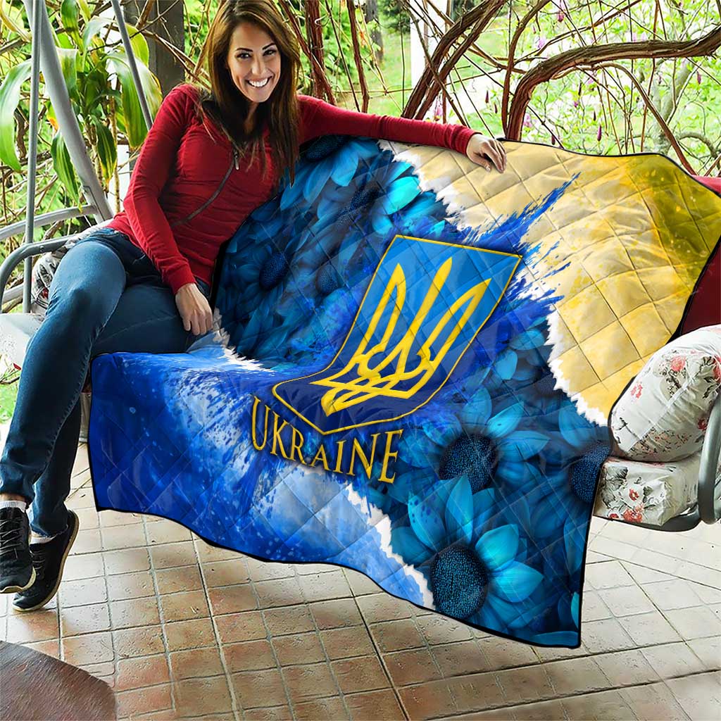 Trident Emblem Ukraine Quilt with Blue Sunflowers and Flag Colors Design