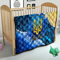 Trident Emblem Ukraine Quilt with Blue Sunflowers and Flag Colors Design