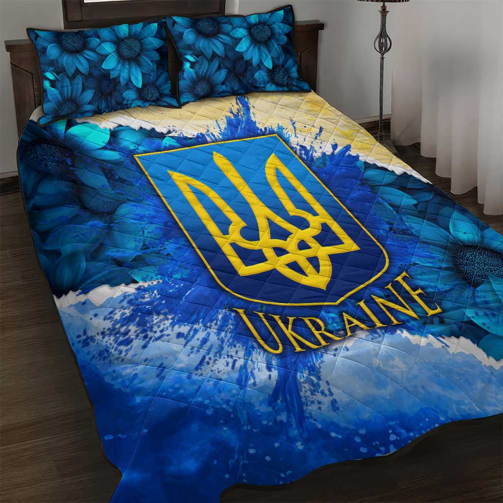 Trident Emblem Ukraine Quilt Bed Set with Blue Sunflowers and Flag Colors Design
