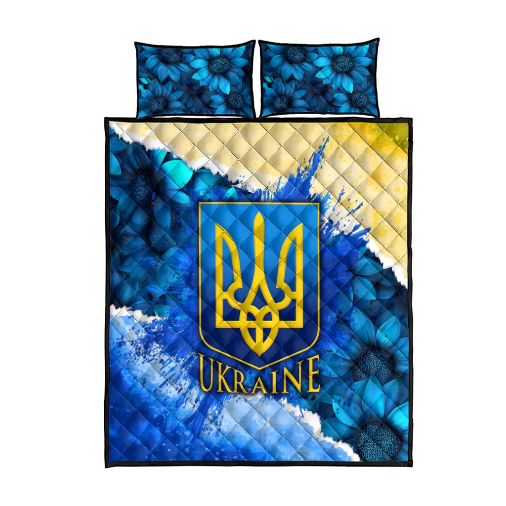 Trident Emblem Ukraine Quilt Bed Set with Blue Sunflowers and Flag Colors Design