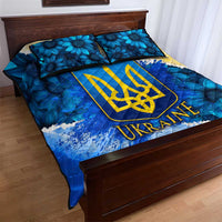 Trident Emblem Ukraine Quilt Bed Set with Blue Sunflowers and Flag Colors Design