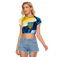 Trident Emblem Ukraine Raglan Cropped T Shirt with Blue Sunflowers and Flag Colors Design