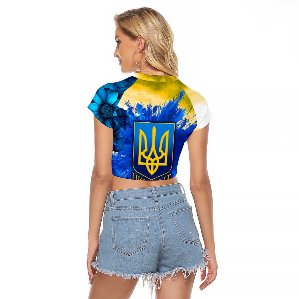 Trident Emblem Ukraine Raglan Cropped T Shirt with Blue Sunflowers and Flag Colors Design