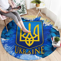 Trident Emblem Ukraine Round Carpet with Blue Sunflowers and Flag Colors Design
