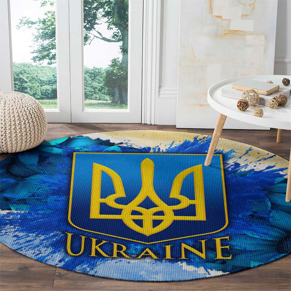 Trident Emblem Ukraine Round Carpet with Blue Sunflowers and Flag Colors Design