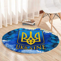 Trident Emblem Ukraine Round Carpet with Blue Sunflowers and Flag Colors Design