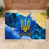 Trident Emblem Ukraine Rubber Doormat with Blue Sunflowers and Flag Colors Design