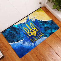 Trident Emblem Ukraine Rubber Doormat with Blue Sunflowers and Flag Colors Design