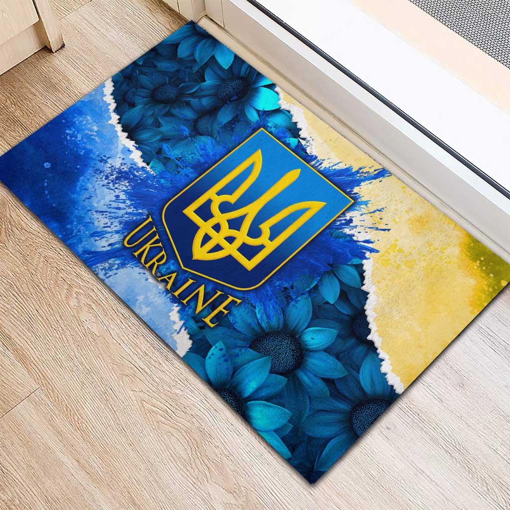 Trident Emblem Ukraine Rubber Doormat with Blue Sunflowers and Flag Colors Design