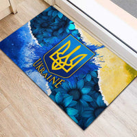 Trident Emblem Ukraine Rubber Doormat with Blue Sunflowers and Flag Colors Design