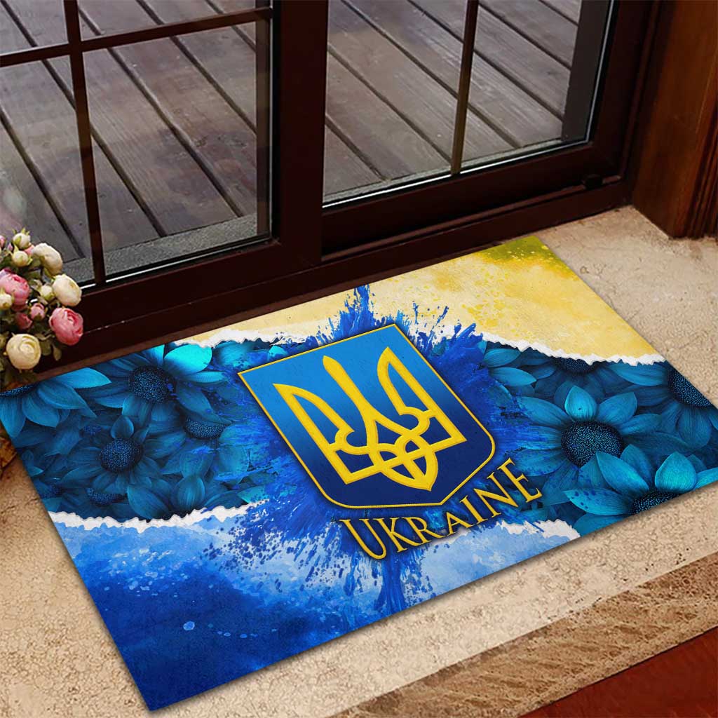 Trident Emblem Ukraine Rubber Doormat with Blue Sunflowers and Flag Colors Design