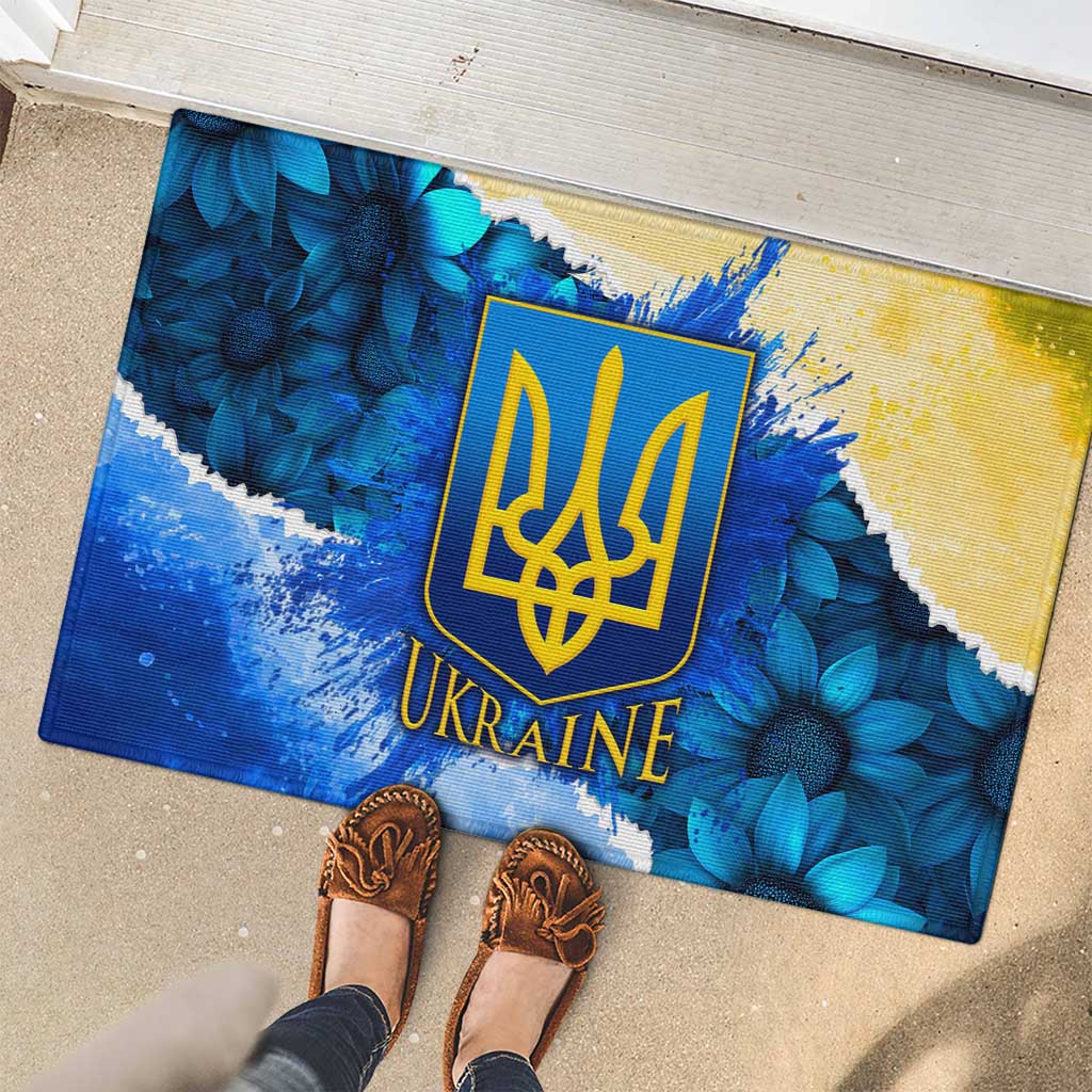 Trident Emblem Ukraine Rubber Doormat with Blue Sunflowers and Flag Colors Design