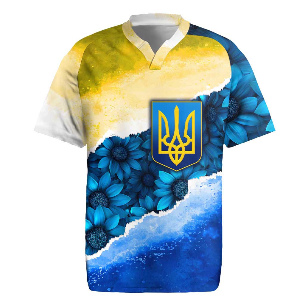 Trident Emblem Ukraine Rugby Jersey with Blue Sunflowers and Flag Colors Design