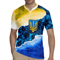 Trident Emblem Ukraine Rugby Jersey with Blue Sunflowers and Flag Colors Design