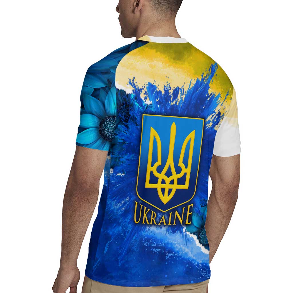 Trident Emblem Ukraine Rugby Jersey with Blue Sunflowers and Flag Colors Design