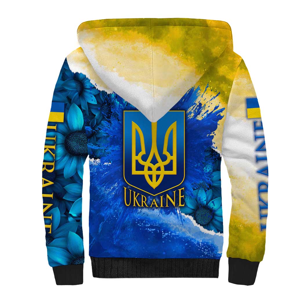 Trident Emblem Ukraine Sherpa Hoodie with Blue Sunflowers and Flag Colors Design