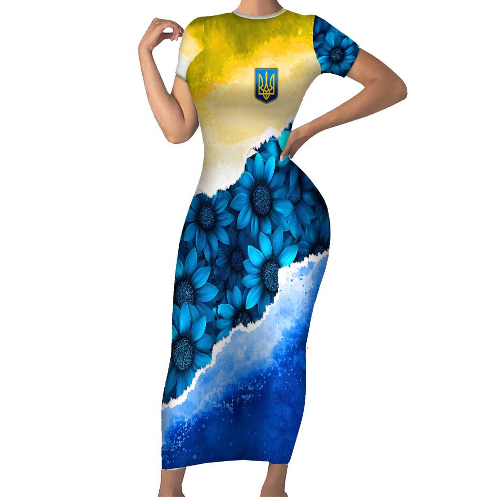 Trident Emblem Ukraine Short Sleeve Bodycon Dress with Blue Sunflowers and Flag Colors Design