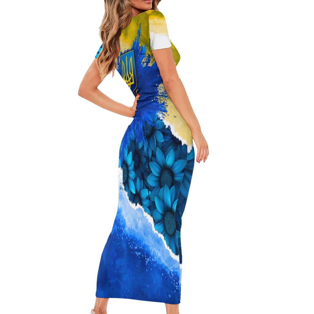 Trident Emblem Ukraine Short Sleeve Bodycon Dress with Blue Sunflowers and Flag Colors Design