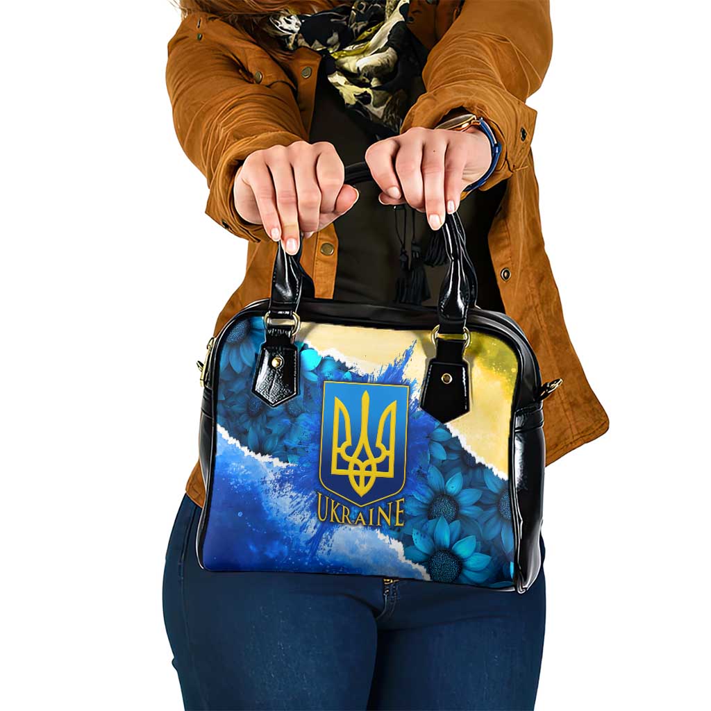 Trident Emblem Ukraine Shoulder Handbag with Blue Sunflowers and Flag Colors Design
