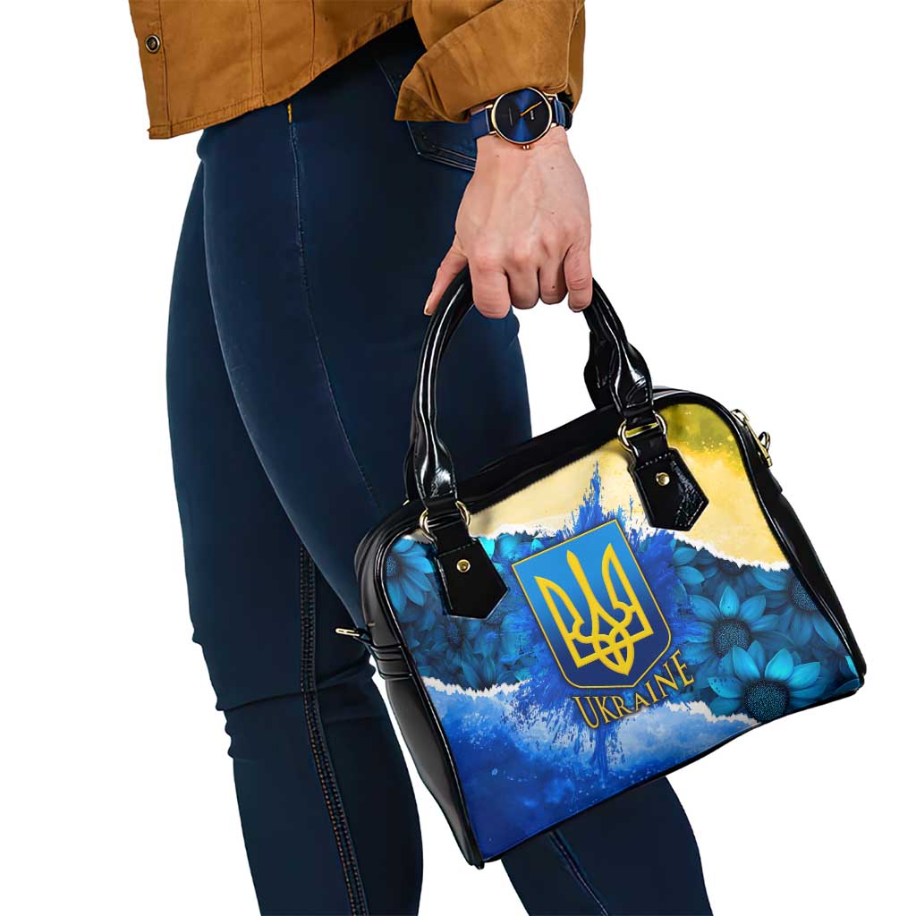 Trident Emblem Ukraine Shoulder Handbag with Blue Sunflowers and Flag Colors Design