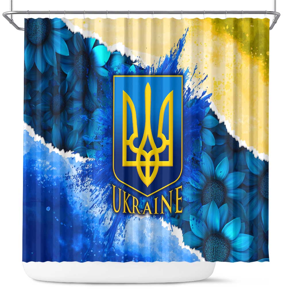 Trident Emblem Ukraine Shower Curtain with Blue Sunflowers and Flag Colors Design