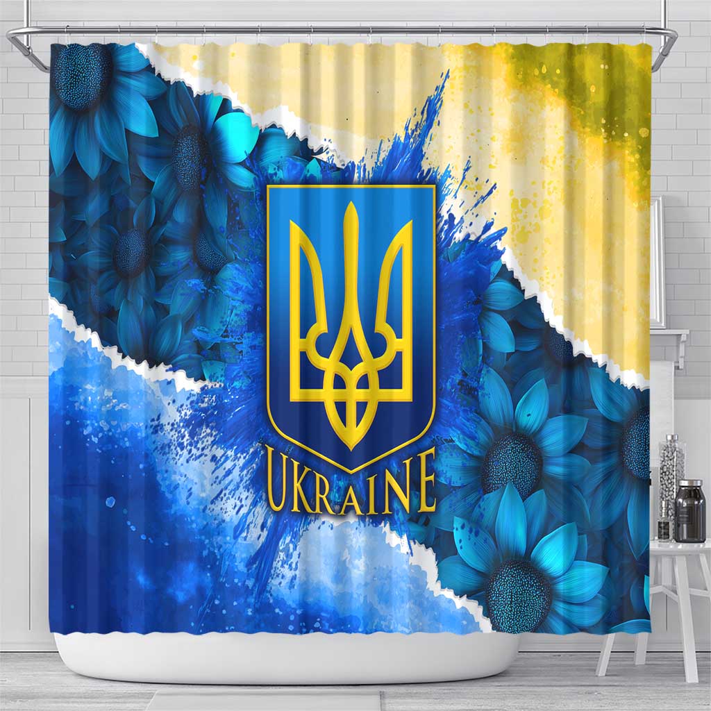 Trident Emblem Ukraine Shower Curtain with Blue Sunflowers and Flag Colors Design