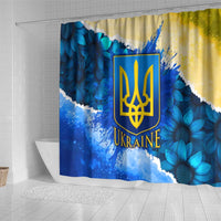 Trident Emblem Ukraine Shower Curtain with Blue Sunflowers and Flag Colors Design