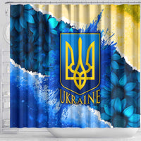 Trident Emblem Ukraine Shower Curtain with Blue Sunflowers and Flag Colors Design