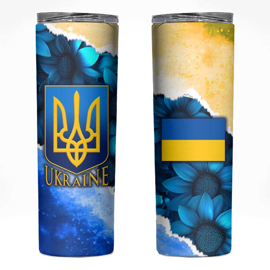 Trident Emblem Ukraine Skinny Tumbler with Blue Sunflowers and Flag Colors Design