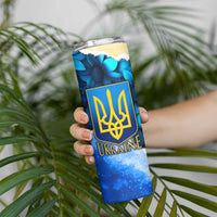 Trident Emblem Ukraine Skinny Tumbler with Blue Sunflowers and Flag Colors Design