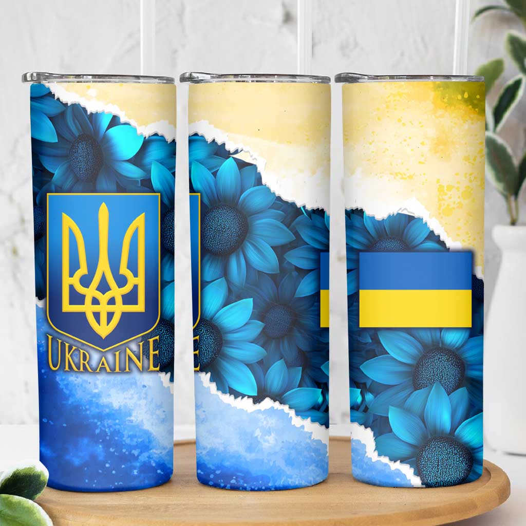 Trident Emblem Ukraine Skinny Tumbler with Blue Sunflowers and Flag Colors Design