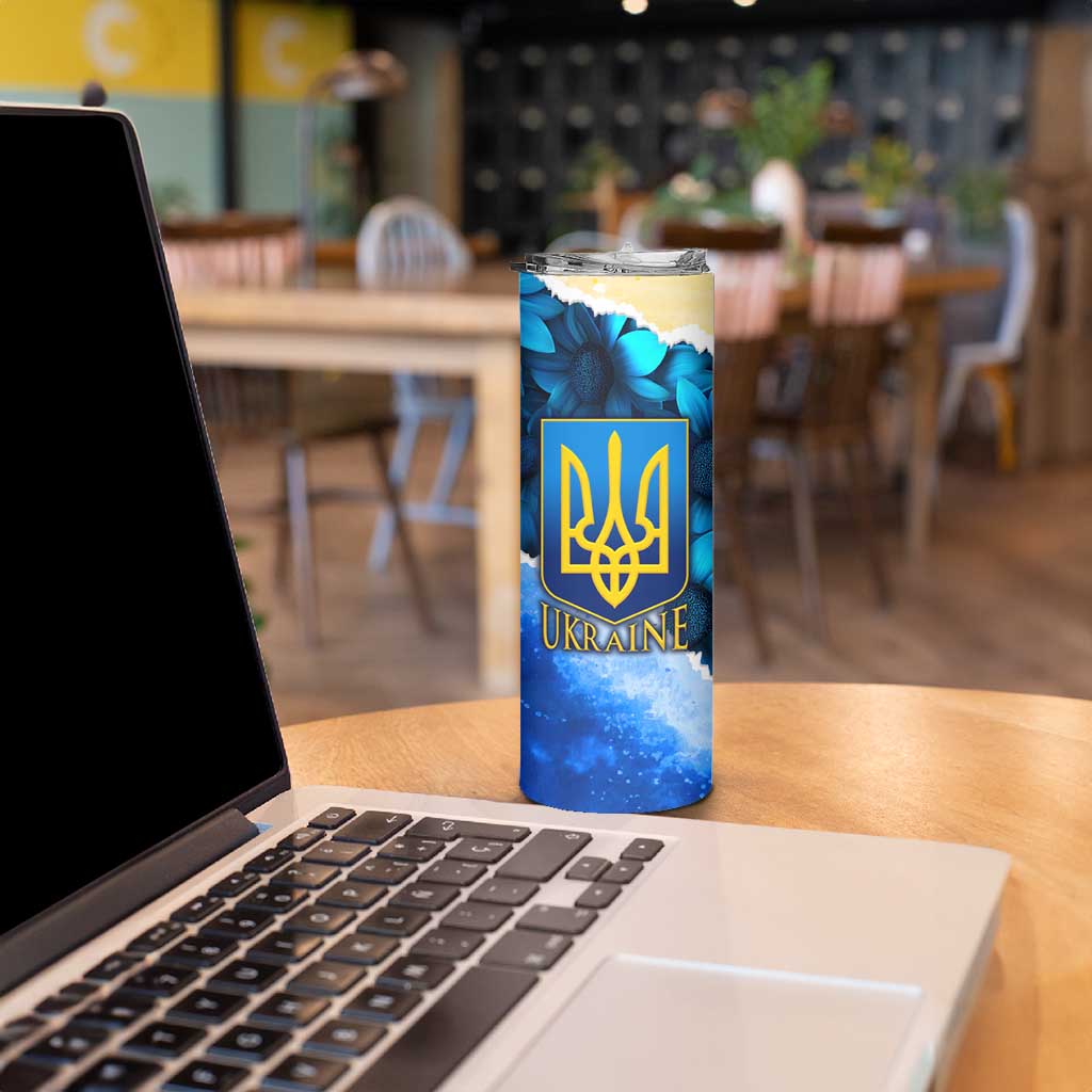 Trident Emblem Ukraine Skinny Tumbler with Blue Sunflowers and Flag Colors Design