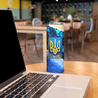 Trident Emblem Ukraine Skinny Tumbler with Blue Sunflowers and Flag Colors Design