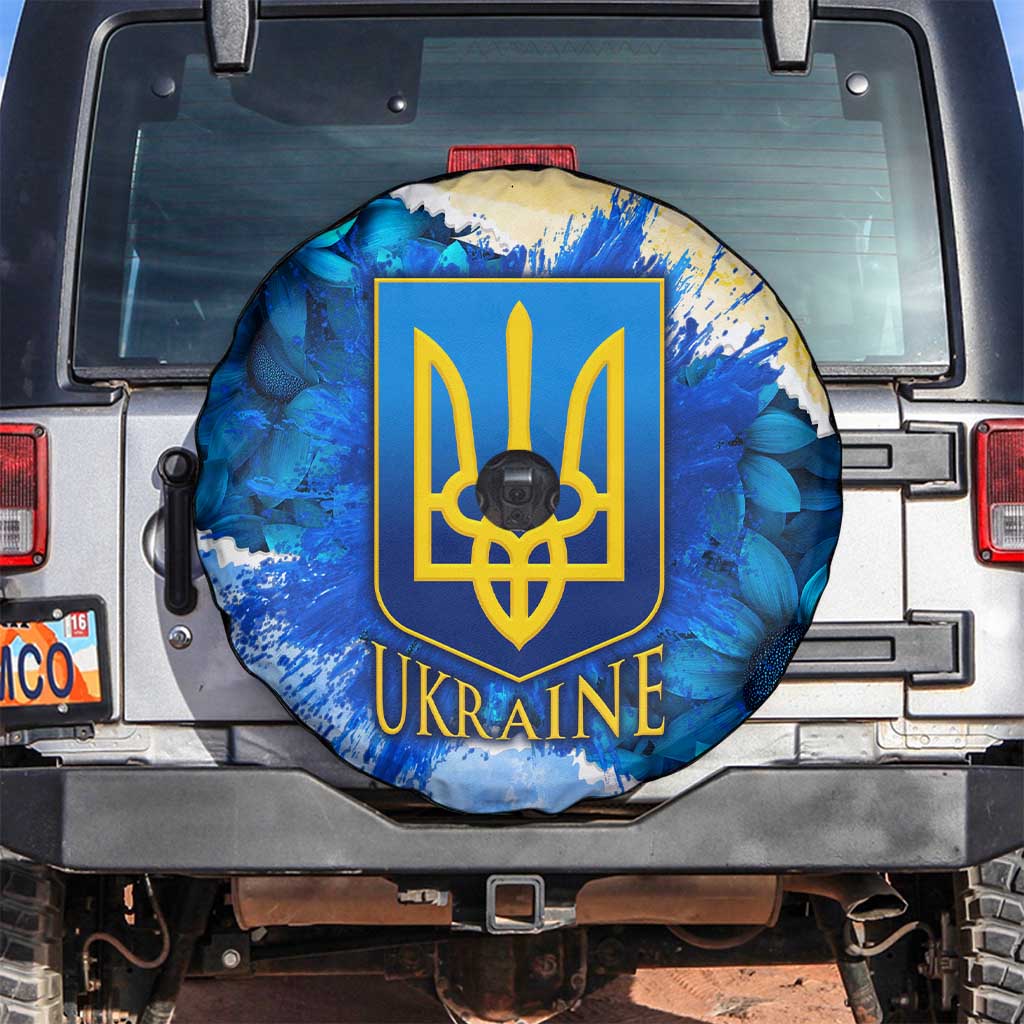 Trident Emblem Ukraine Spare Tire Cover with Blue Sunflowers and Flag Colors Design
