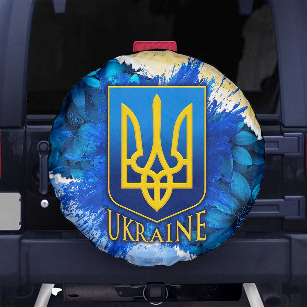 Trident Emblem Ukraine Spare Tire Cover with Blue Sunflowers and Flag Colors Design