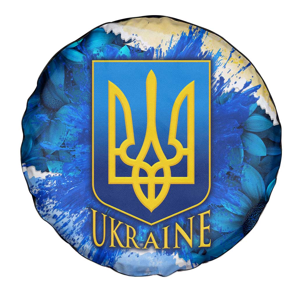 Trident Emblem Ukraine Spare Tire Cover with Blue Sunflowers and Flag Colors Design