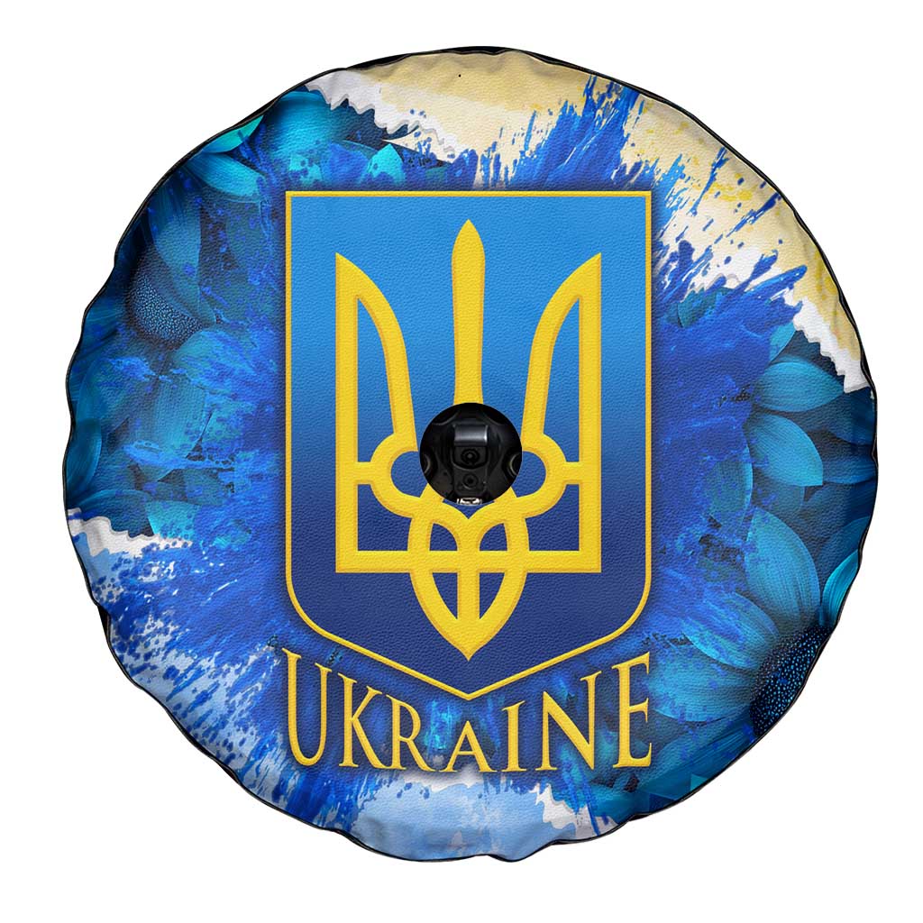 Trident Emblem Ukraine Spare Tire Cover with Blue Sunflowers and Flag Colors Design