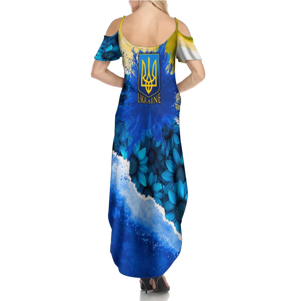 Trident Emblem Ukraine Summer Maxi Dress with Blue Sunflowers and Flag Colors Design