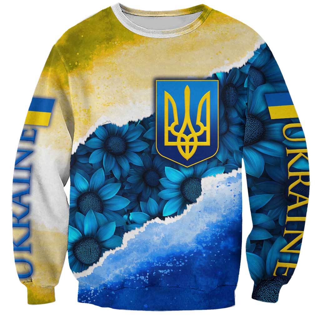 Trident Emblem Ukraine Sweatshirt with Blue Sunflowers and Flag Colors Design