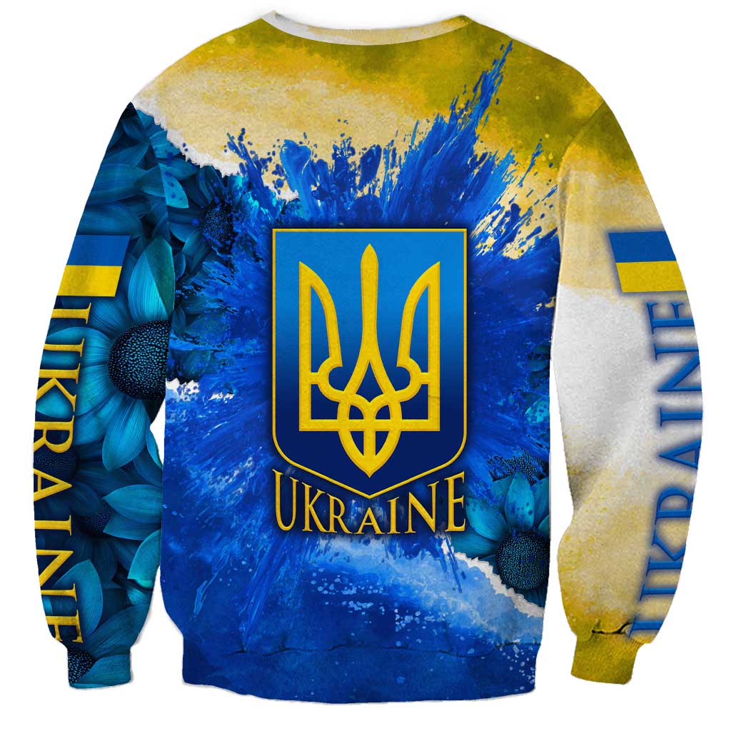 Trident Emblem Ukraine Sweatshirt with Blue Sunflowers and Flag Colors Design