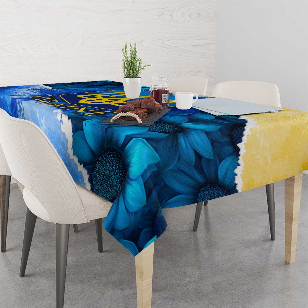 Trident Emblem Ukraine Tablecloth with Blue Sunflowers and Flag Colors Design