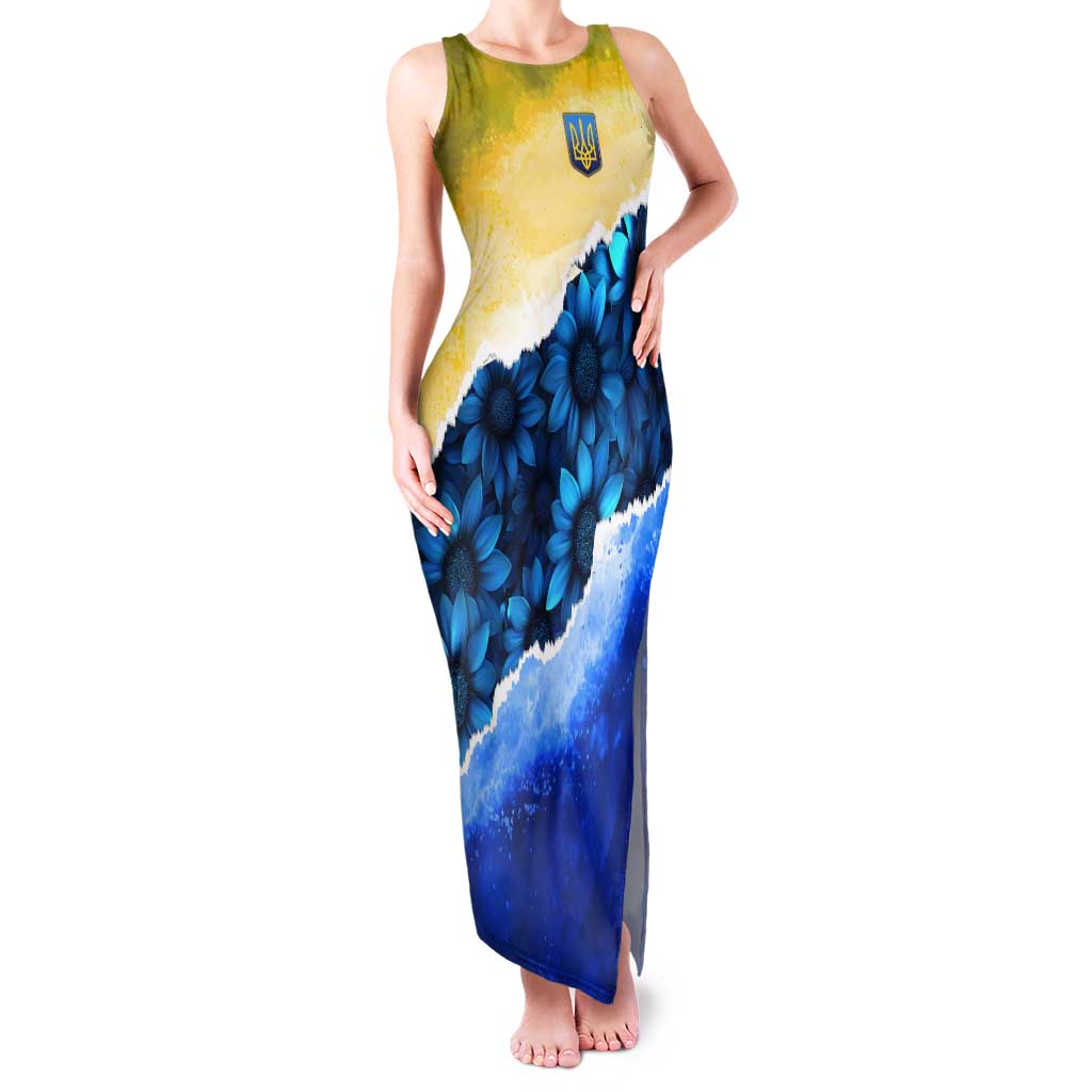 Trident Emblem Ukraine Tank Maxi Dress with Blue Sunflowers and Flag Colors Design