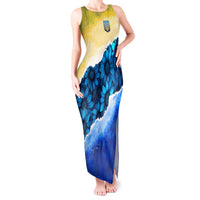 Trident Emblem Ukraine Tank Maxi Dress with Blue Sunflowers and Flag Colors Design
