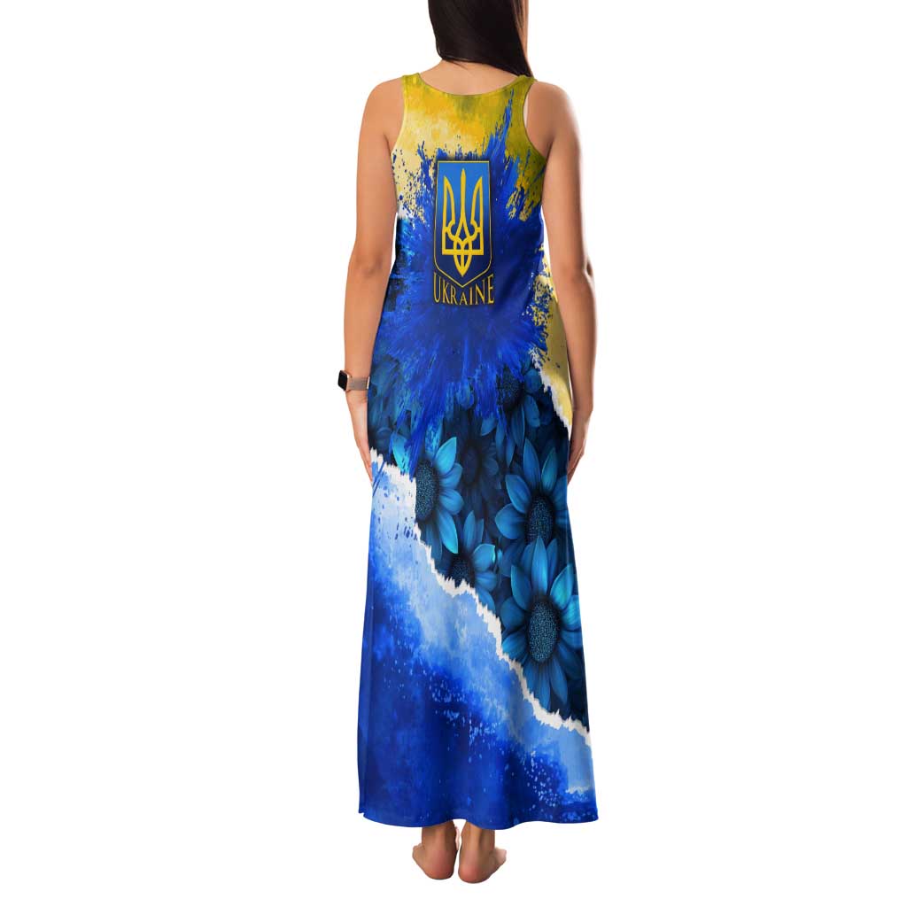 Trident Emblem Ukraine Tank Maxi Dress with Blue Sunflowers and Flag Colors Design