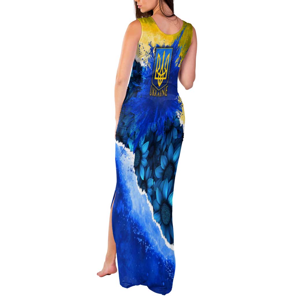 Trident Emblem Ukraine Tank Maxi Dress with Blue Sunflowers and Flag Colors Design